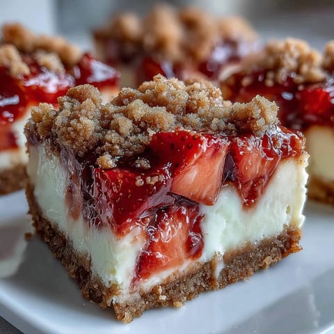 Fresh strawberry cheesecake bars topped with juicy berries and crumbly streusel on a marble board.