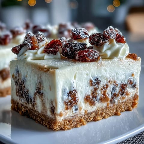 A plated slice of Christmas Cheesecake Slab topped with whipped cream, dried fruits, and powdered sugar near festive lights.