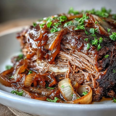Gooey Gruyere melts over tender slices of Savory Crock Pot French Onion Pot Roast with fresh parsley garnish on a rustic plate.