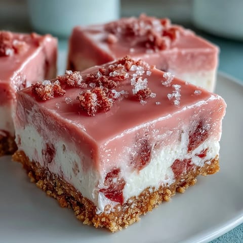 Vibrant pink No-Bake Strawberry Fudge Squares topped with fresh strawberry slices and coarse sugar crystals on a rustic wooden board.
