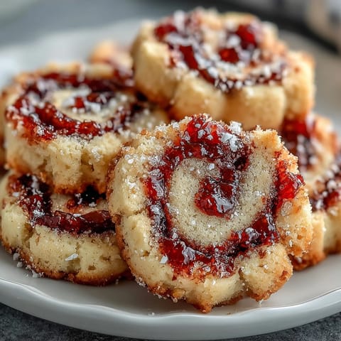 Freshly baked Raspberry Swirl Shortbread Cookies show golden edges with a vibrant red jam center on a cooling rack.
