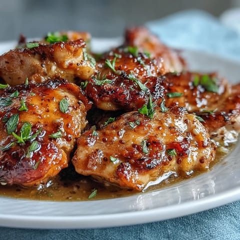 A close-up of tender Slow Cooker Honey Mustard Chicken coated in a glossy, savory sauce with garlic and herbs.