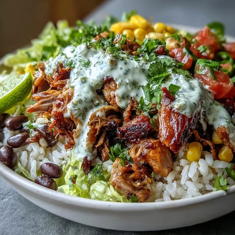 Golden-brown carnitas, fluffy rice, black beans, and sweet corn fill this vibrant Carnitas Burrito Bowl, topped with crisp lettuce, zesty salsa, and tangy lime crema.  