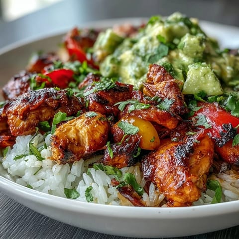 A zesty avocado salsa and lime wedge garnish add a fresh, vibrant finish to the bowl.