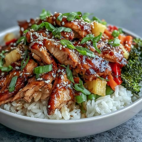 Fluffy steamed rice and glazed teriyaki chicken served in a white bowl with vibrant vegetables.