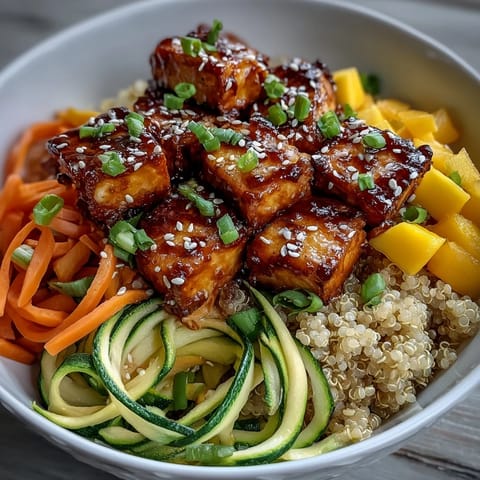 A vibrant Easy Teriyaki Quinoa Bowl with golden baked tofu, spiralized zucchini and carrots, sweet mango, and glossy teriyaki sauce.