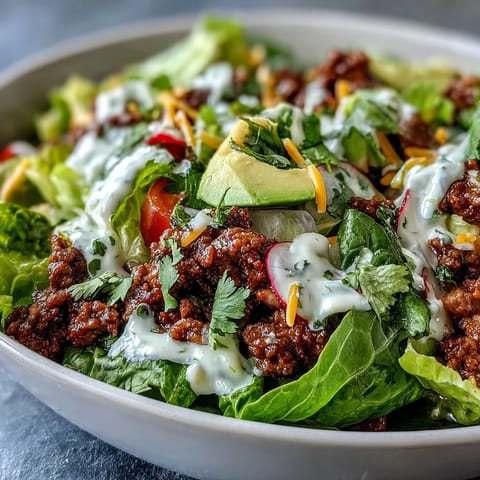A vibrant Healthy Taco Bowl with seasoned ground beef, crisp lettuce, fresh radishes, tomatoes, and a drizzle of lime yogurt crema.
