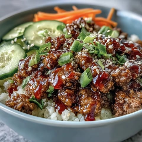 A close-up of an Easy Korean Beef Bowl topped with julienned carrots, cucumber, and sliced green onions.