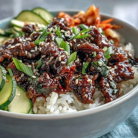 Korean Ground Beef Bowl with gochujang-glazed meat, fluffy rice, edamame, and crisp veggies, garnished with sesame seeds.