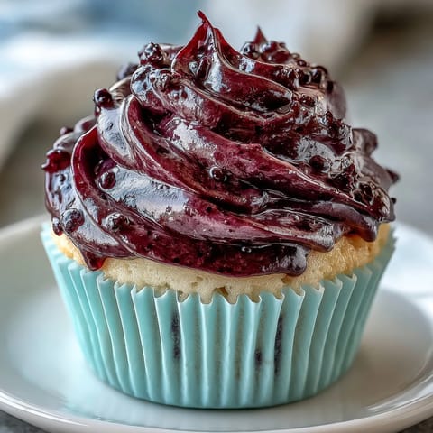 Creamy Black Currant Frosting swirls onto a cupcake with vibrant purple hue and fresh berry garnish.