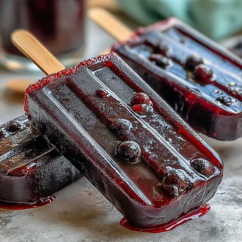 Six vibrant black currant popsicles stand upright in a metal tray, showcasing their deep purple hue and fresh berry garnish.