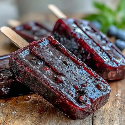 A close-up of a single black currant popsicle being lifted from a mold, with glistening ice crystals and a wooden stick.