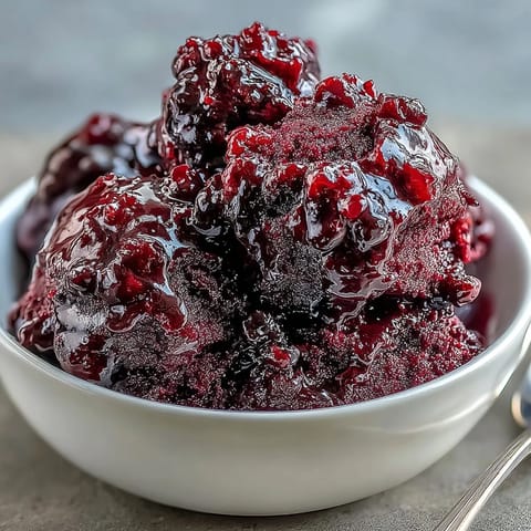 A scoop of vibrant Black Currant Sorbet in a glass dish, garnished with fresh berries for a refreshing vegan dessert.