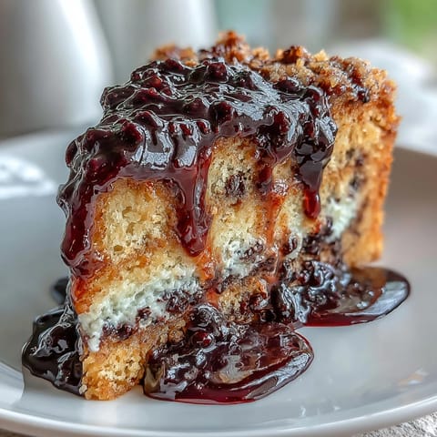 Sliced moist peanut butter cake reveals a hidden layer of black currant jam, next to a small bowl of dark, glossy sauce. 