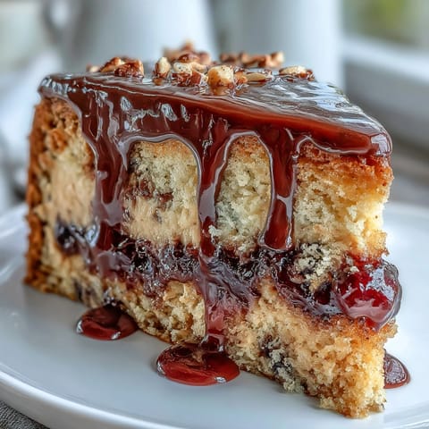 The rich PB and J cake sits on a white plate, with a generous drizzle of luscious black currant sauce pooling on top. 