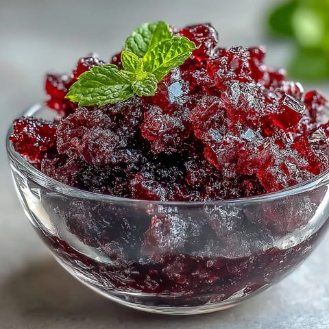 Glistening crimson Black Currant Granita in a chilled glass with a fresh mint garnish.