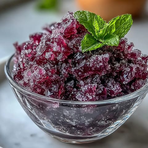 Spoonful of fluffy, homemade Black Currant Granita revealing its crystalline, shaved ice texture.