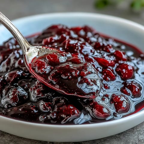 Lustrous, glossy Black Currant Reduction sauce drizzled over seared duck breast on a rustic plate.