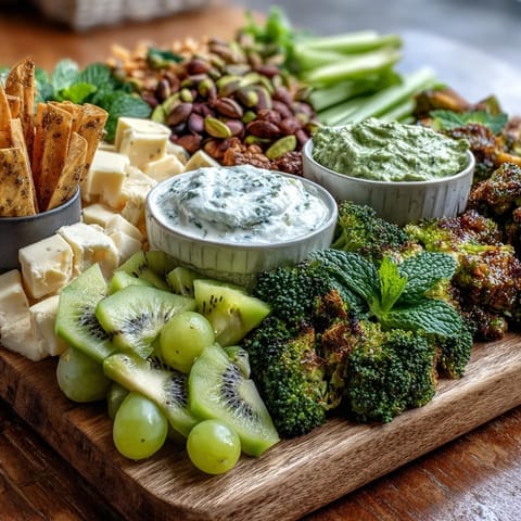 A vibrant St. Patricks Day green food board filled with fresh fruits, vegetables, and savory snacks for festive gatherings.