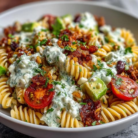 Colorful Easy Taco Pasta Salad with cherry tomatoes, black beans, corn, and creamy taco dressing, garnished with crushed tortilla chips.