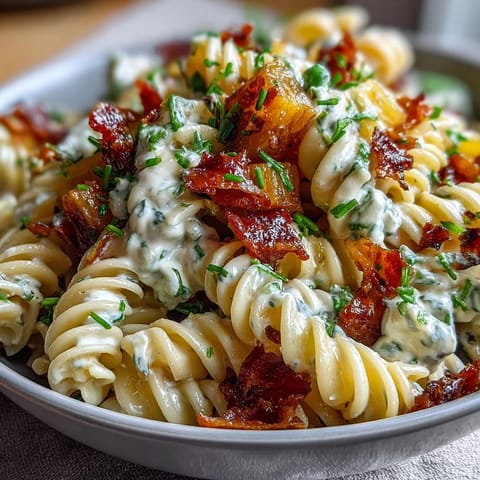 A colorful Hawaiian pasta salad with ham, pineapple, and ranch dressing, perfect for summer gatherings.