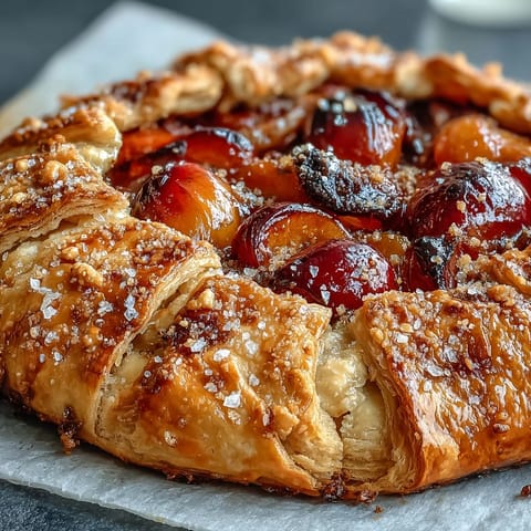 Rustic summer stone fruit galette with frangipane filling, golden pastry edges folded over juicy peaches and plums.