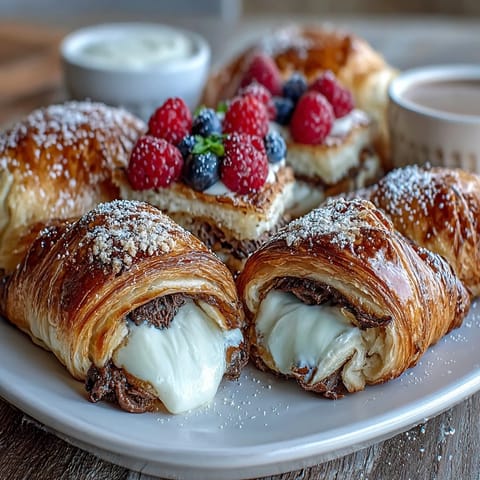 Colorful brunch board featuring flaky croissants, berries, grapes, and honey alongside champagne mimosas for Mother's Day.