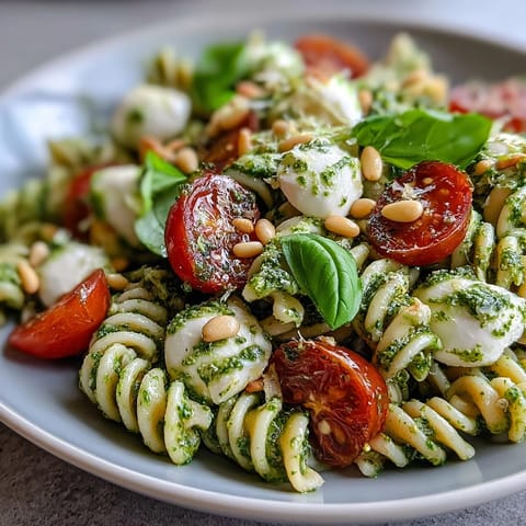 A vibrant summer pasta salad with pesto, cherry tomatoes, and mozzarella, perfect for warm-weather dining.