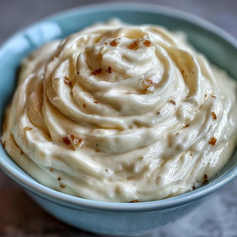 Creamy garlic aioli with a glossy finish, perfect for dipping fries or spreading on sandwiches.