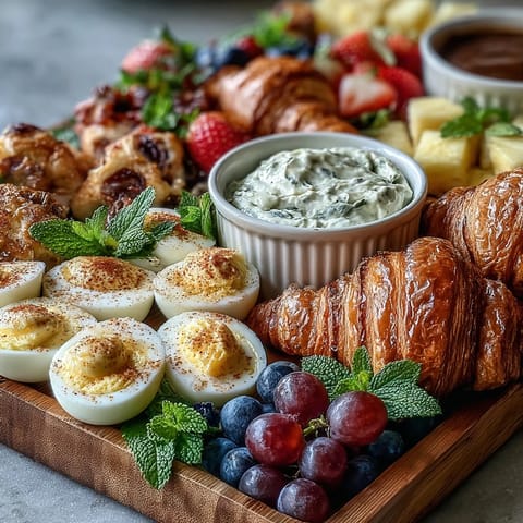Easter Brunch Board with Deviled Eggs, Fruit, and Pastries: A colorful spread of deviled eggs, fresh fruit, and assorted pastries perfect for festive Easter brunch gatherings.