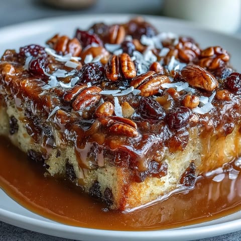 Warm slice of traditional Mexican capirotada, golden bread pudding with raisins, nuts, and cheese, drizzled in sweet piloncillo syrup.