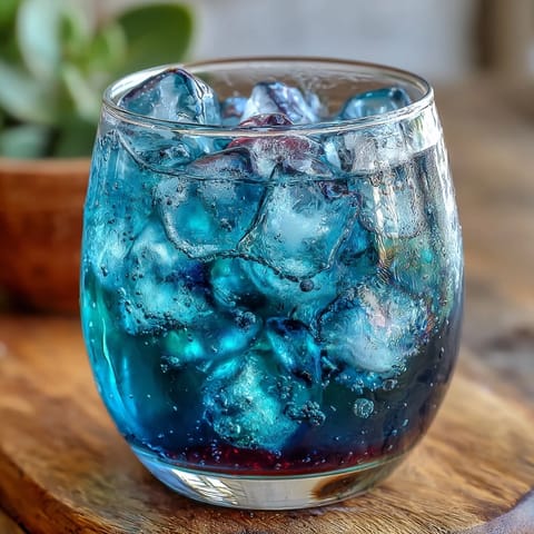 Refreshing color-changing butterfly pea flower lemonade with citrus ice cubes, perfect for summer parties and magical drinks.