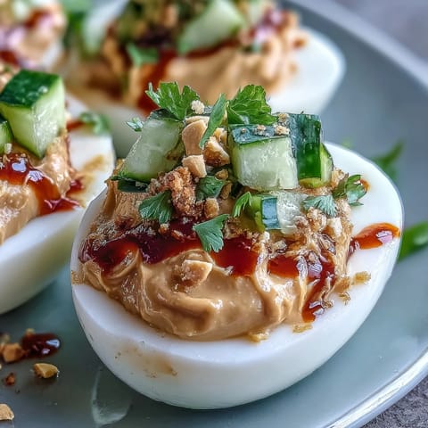 Thai Peanut Deviled Eggs with fresh cucumber relish, a spicy, creamy appetizer.