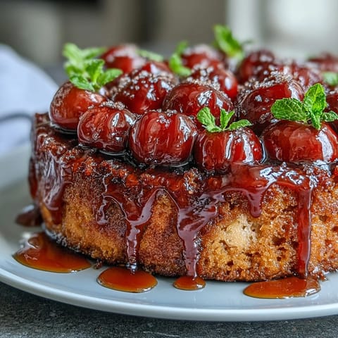 Caramelized cherry almond upside-down cake glistening, showcasing warm, glossy fruit topping.