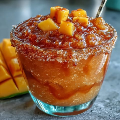 Vibrant Cinco de Mayo Mangonada Mocktail layered with spicy chamoy and fresh mango.