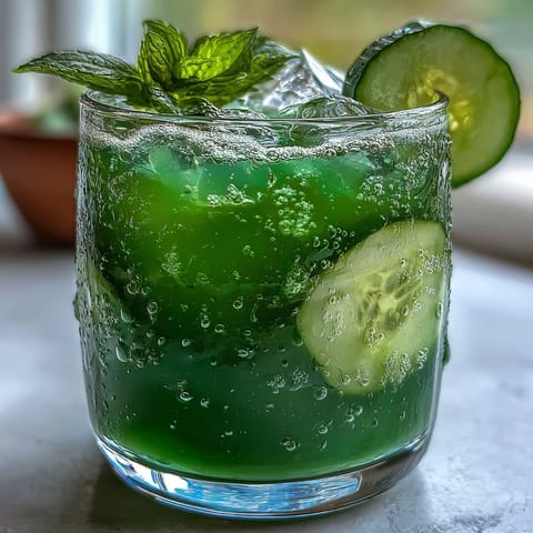Vibrant Green Detox Cucumber Mint Agua Fresca, a cooling drink garnished with mint.