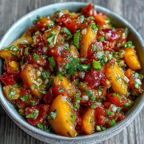 Fruity Peach Jalapeño Salsa bursts with fresh peach, cilantro, and a hint of spice.