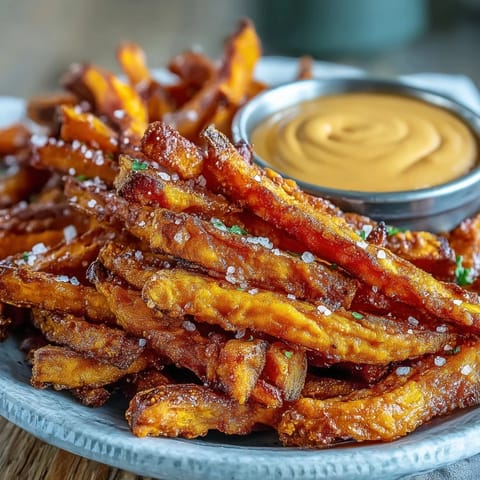Golden air fryer sweet potato fries with smoky chipotle aioli dip.
