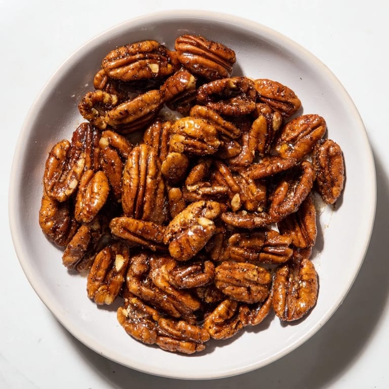 Close-up of freshly baked simple garlic-honey roasted pecans, showcasing the sticky, sweet glaze.