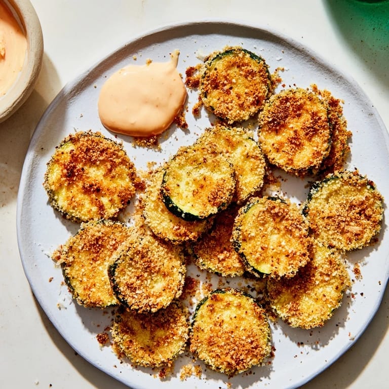 Oven-baked crispy zucchini rounds, a delightful appetizer, with a sprinkling of Parmesan cheese and garlic flavors.