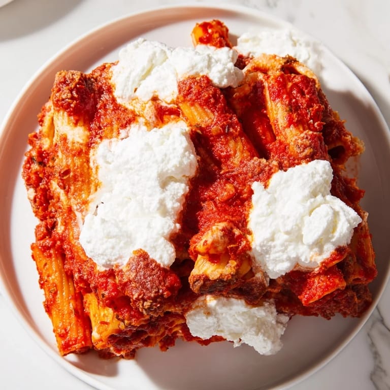 A close-up of delicious One-Dish Baked Ziti, revealing creamy ricotta and rich marinara sauce layers.