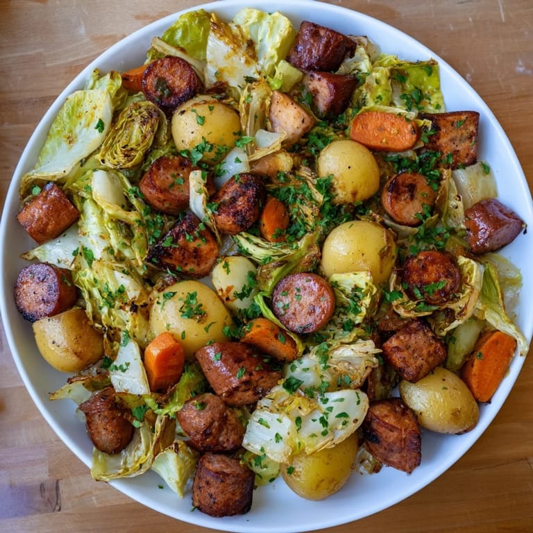 This All-in-One Pan Sausage and Cabbage Bake shows tender, roasted vegetables perfectly complementing the savory sausages.