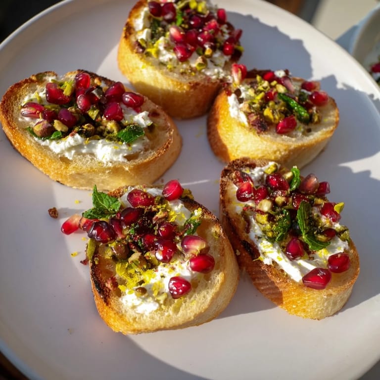 Beautifully plated Festive Pomegranate and Goat Cheese Crostini, ready to serve at your next holiday party.