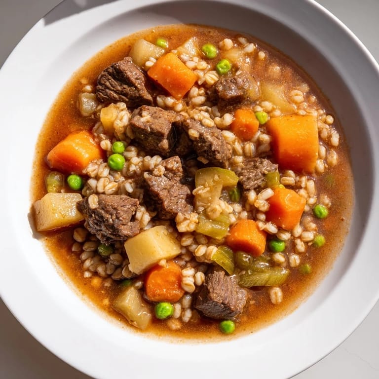 In this photo, a comforting bowl of One-Pot Hearty Beef and Barley Soup steams, garnished with fresh parsley.