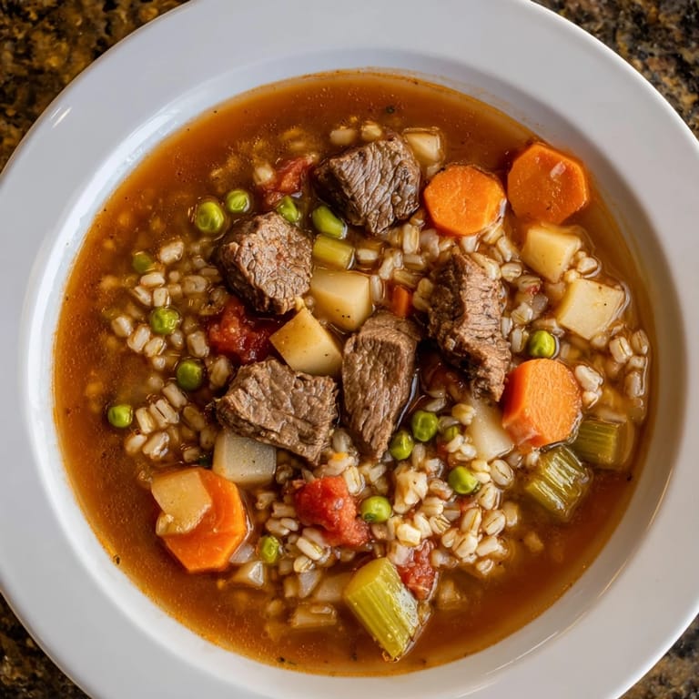 A close-up reveals the richness of the One-Pot Hearty Beef and Barley Soup, beautifully simmered with barley.