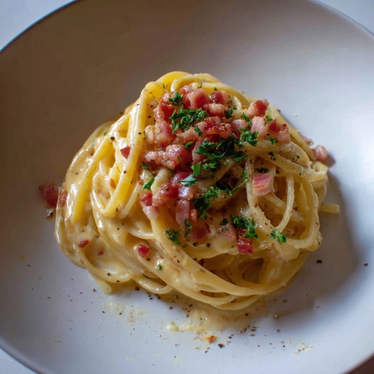 A steaming bowl of The Best 15-Minute Creamy Carbonara, perfectly plated Italian pasta with fresh parsley.