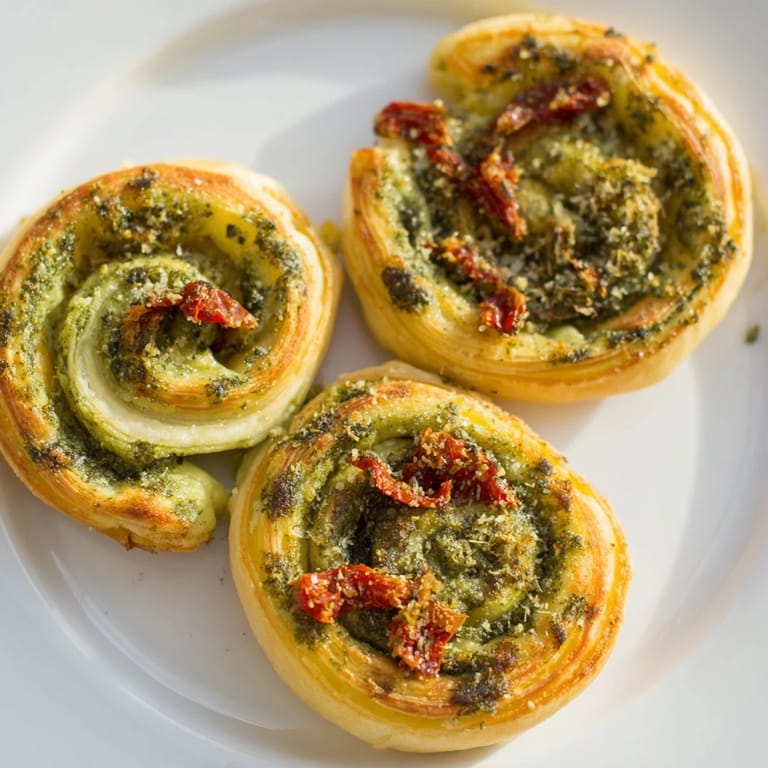 Close-up of baked Savory Sun-Dried Tomato and Pesto Palmiers, showcasing the flavorful pesto filling within.