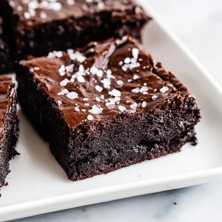 A square of decadent homemade dark chocolate and sea salt brownie, ready to enjoy after baking.