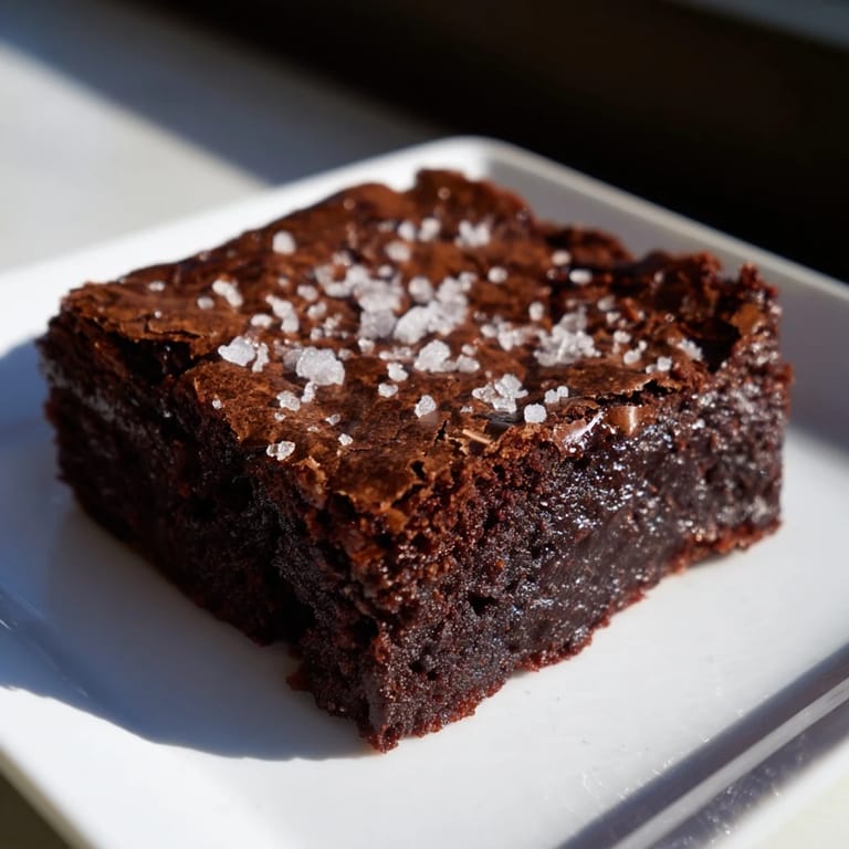 Close-up of freshly baked homemade dark chocolate and sea salt brownies, perfect dessert treat.