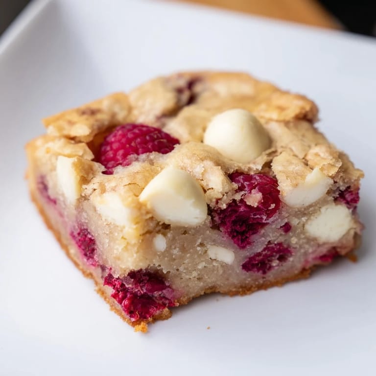 Square-cut Decadent White Chocolate and Raspberry Blondies showcasing juicy red raspberries and creamy white chocolate, a dessert favorite.